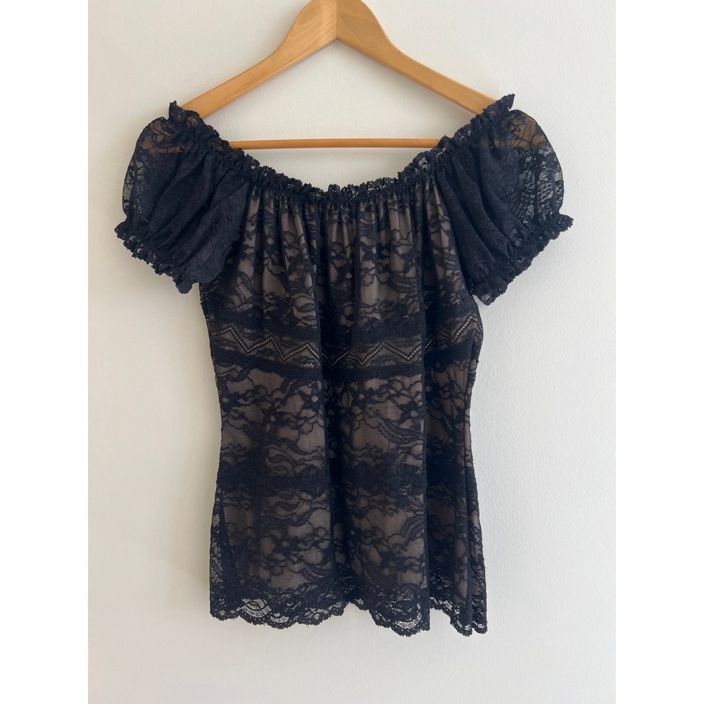 VTG Hanky Panky Black Lace Off Shoulder Puff Sleeve Top Coquette Mob Wife S/M